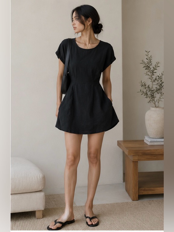 Fp Beach Black Open Back Cotton Mini Dress Pockets Size S/P